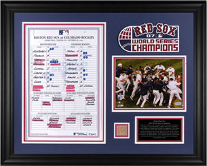 Red Sox World Series collectible featuring lineup card and dirt