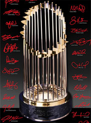2013 World Series trophy photo with Red Sox player signatures